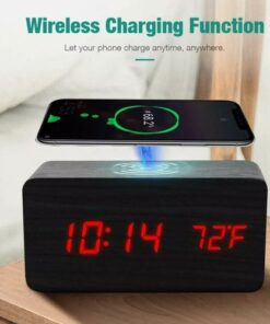Wooden Digital Alarm Clock with Wireless Phone Charging Pad