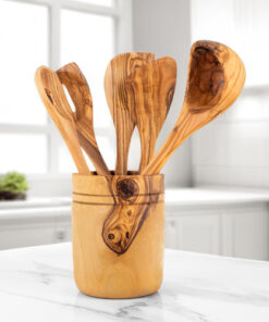 Handmade Olive Wood Kitchen Utensils Set of 5 with Wooden Holder
