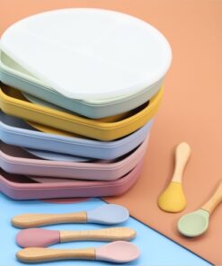 Baby Silicone Compartment Plate With Wooden Spoon